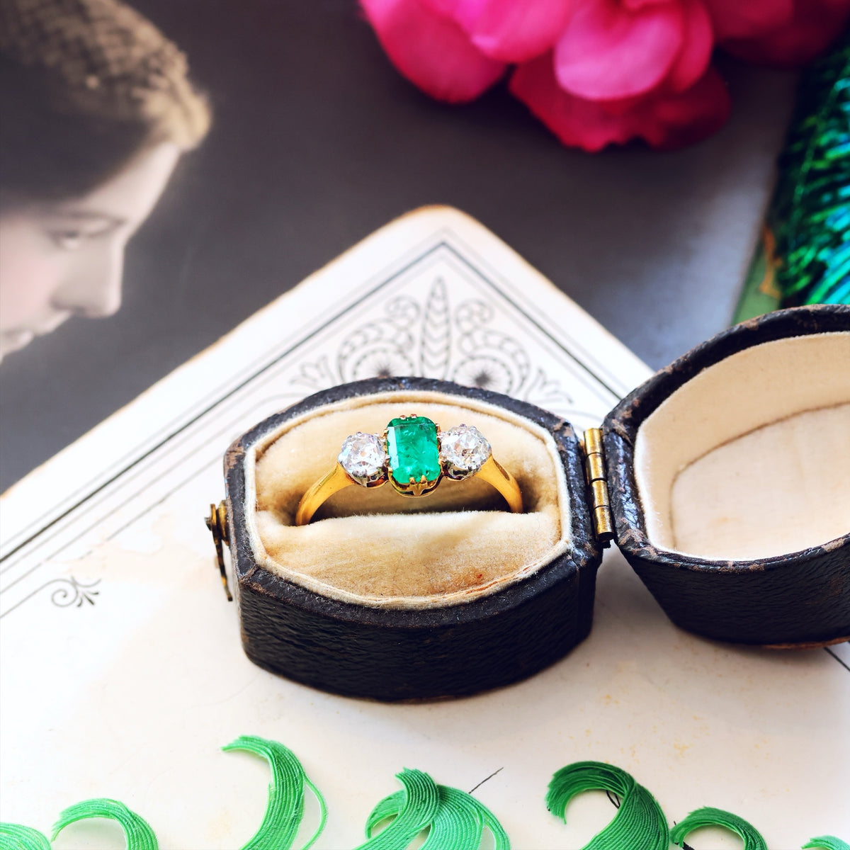 Antique Emerald & Diamond Trilogy Engagement Ring