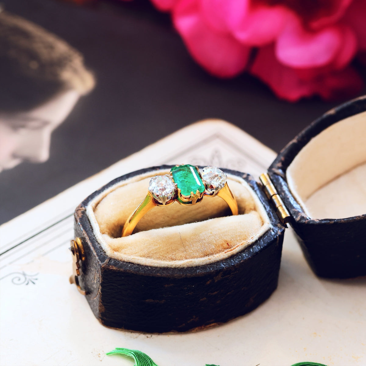 Antique Emerald & Diamond Trilogy Engagement Ring