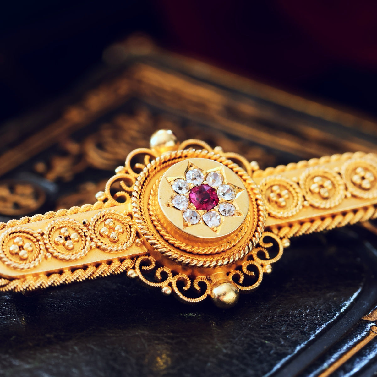 Antique Estruscan Inspired Ruby & Diamond Brooch in Original Case