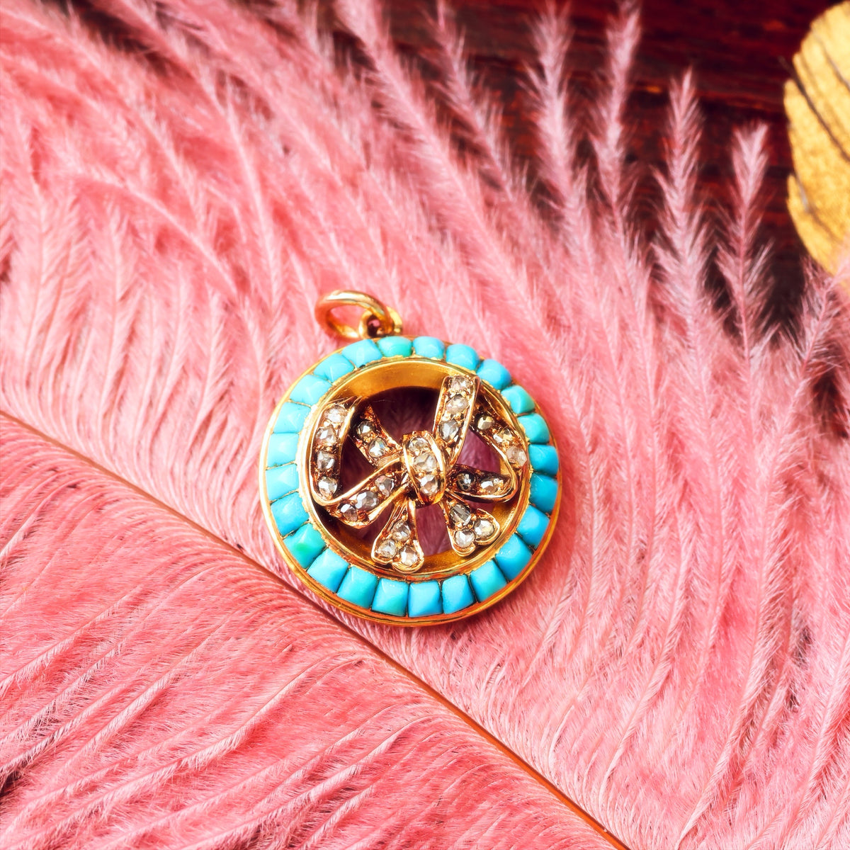 Antique Victorian Turquoise & Diamond Bow Pendant