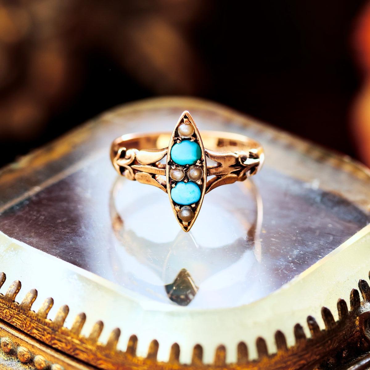 Poetic Antique Art Nouveau Turquoise & Seed Pearl Ring