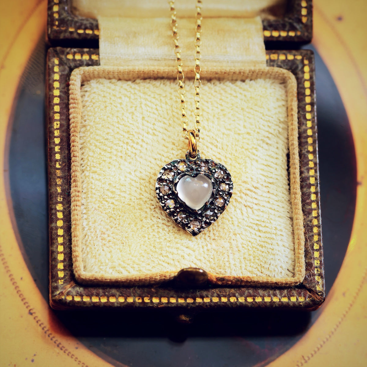 Antique Cat's Eye Moonstone & Diamond Heart Pendant