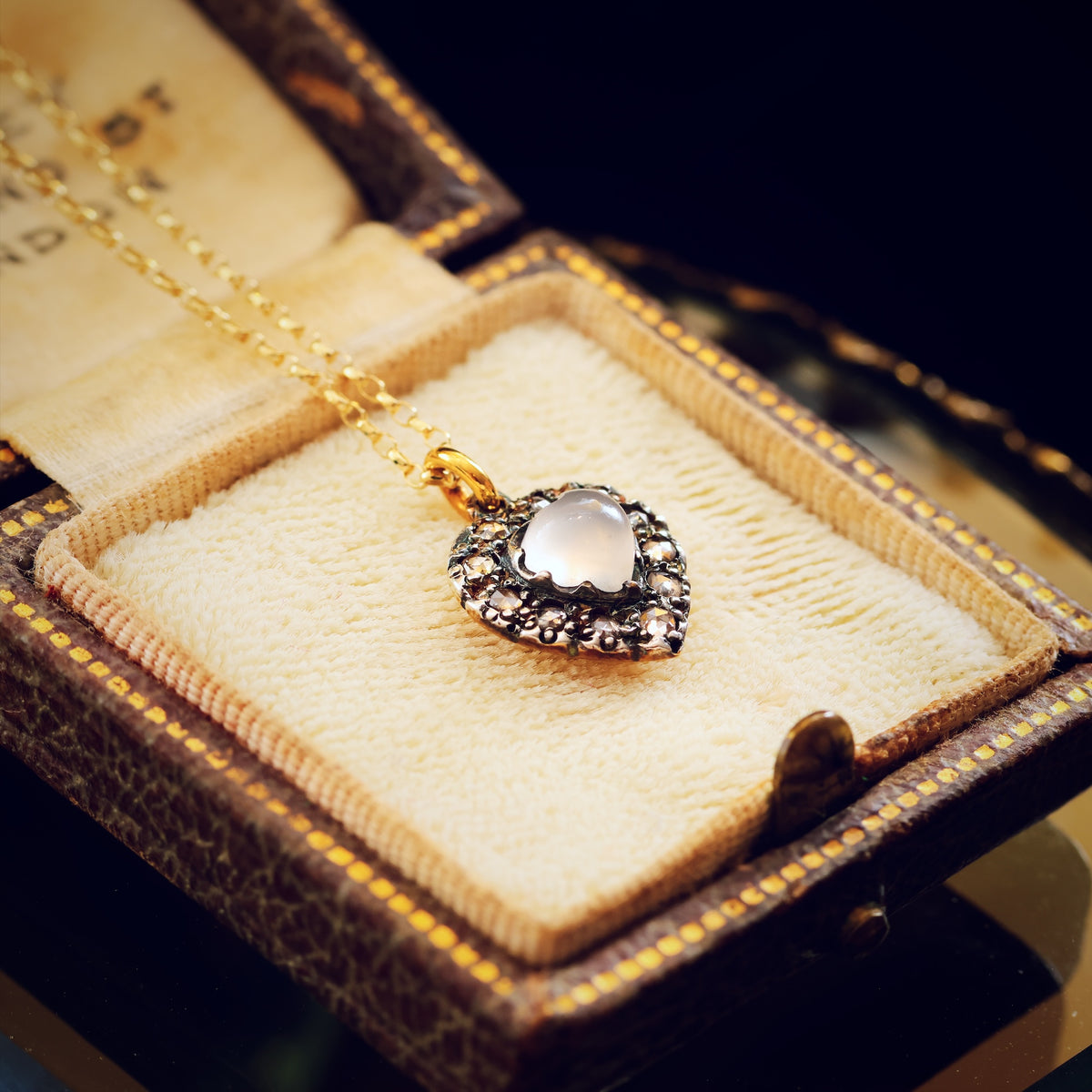Antique Cat's Eye Moonstone & Diamond Heart Pendant