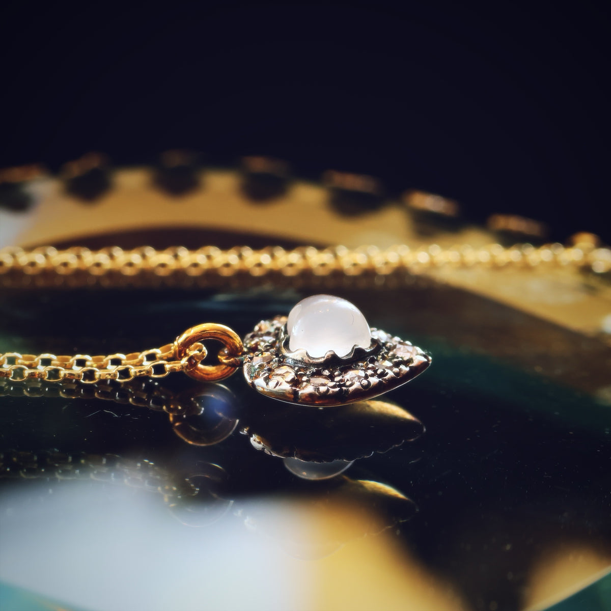 Antique Cat's Eye Moonstone & Diamond Heart Pendant