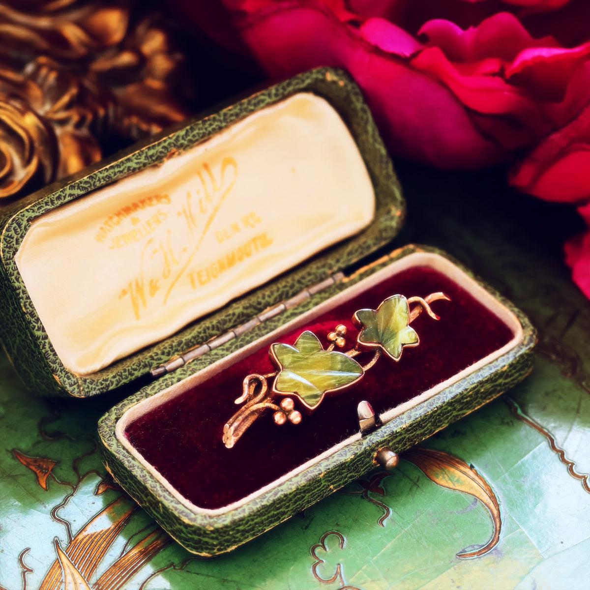 Antique Connemara Marble Ivy Leaves Brooch
