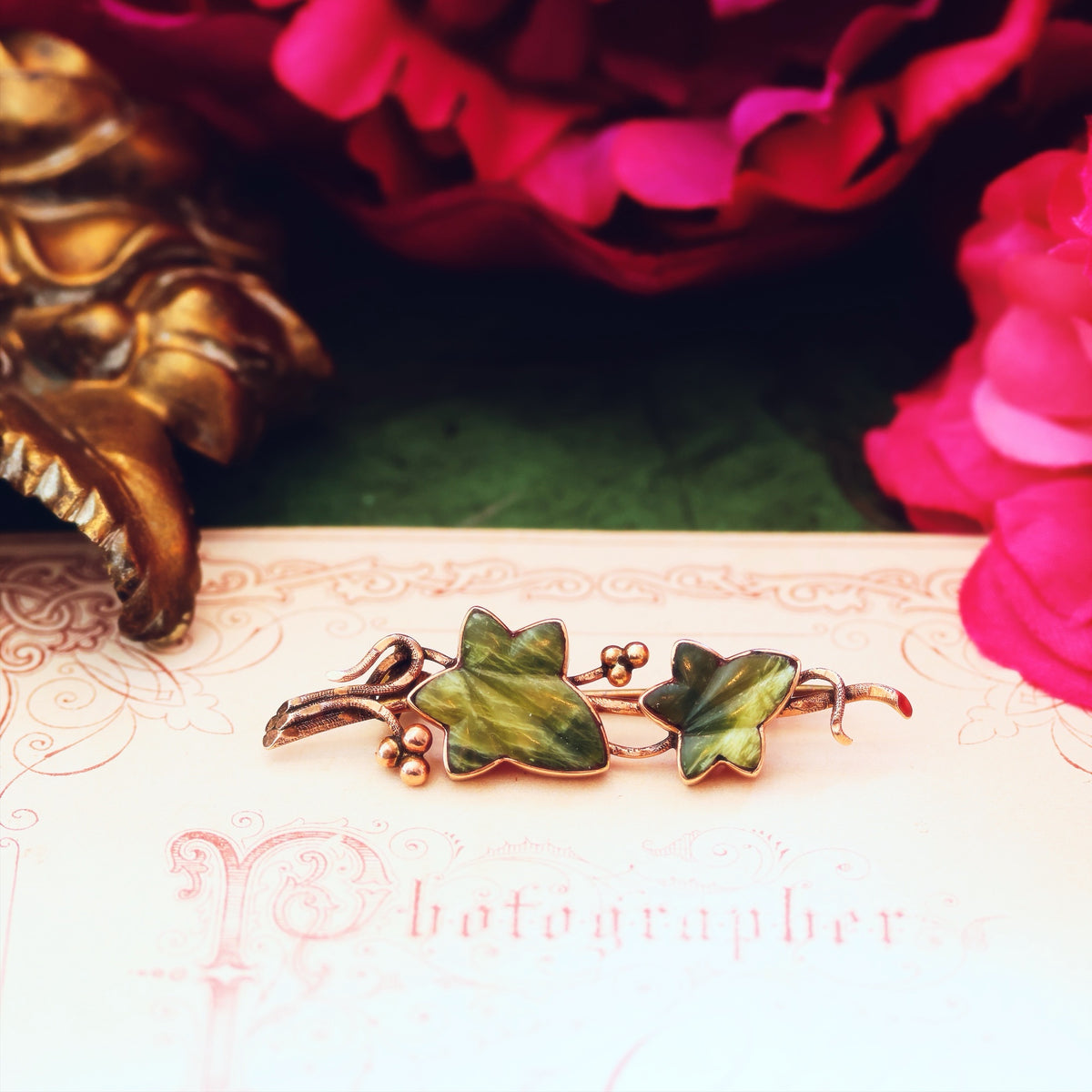 Antique Connemara Marble Ivy Leaves Brooch