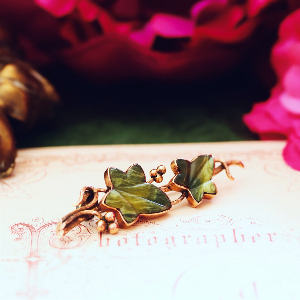 Antique Connemara Marble Ivy Leaves Brooch