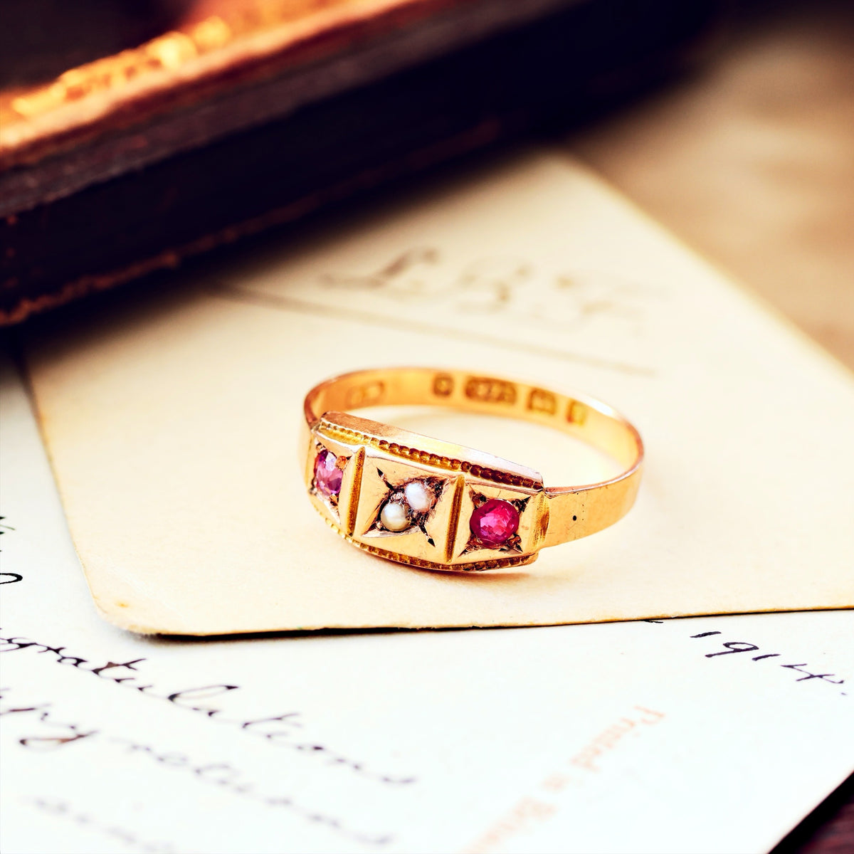Antique Date 1878 Spinel & Pearl Dress Ring
