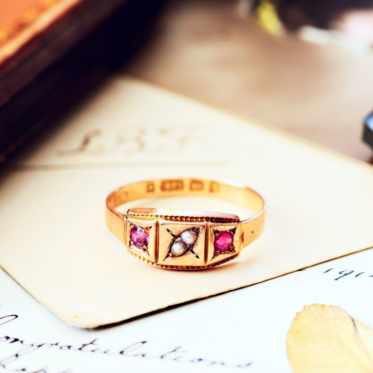 Antique Date 1878 Spinel & Pearl Dress Ring