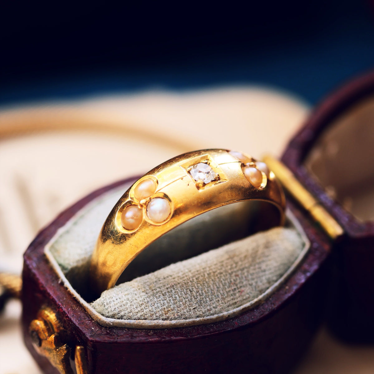 Antique Date 1884 Gypsy Set Diamond & Wild Pearl Wedding Band