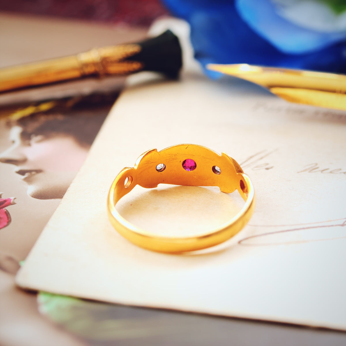 Date 1903 18ct Gold Ruby & Diamond Gypsy Style Ring