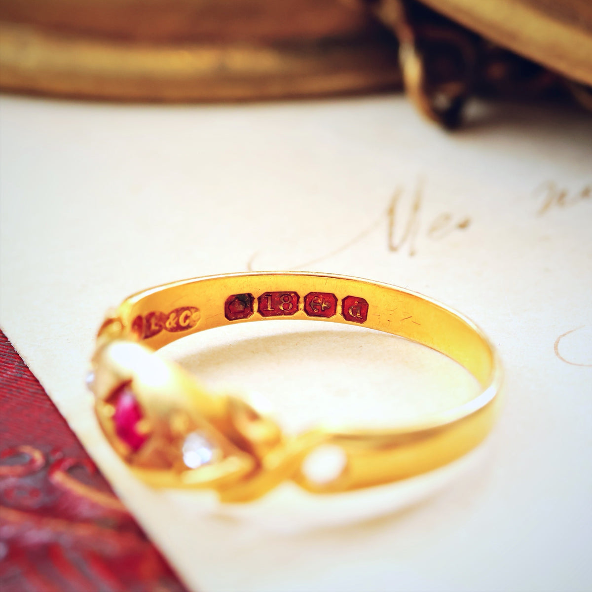 Date 1903 18ct Gold Ruby & Diamond Gypsy Style Ring