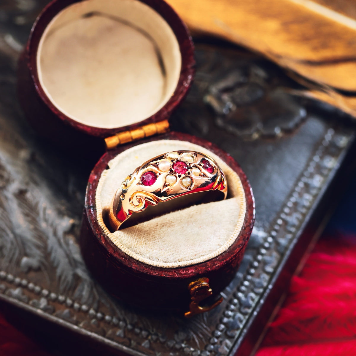 Date 1911 9ct Gold Pink Tourmaline & Pearl Gypsy Ring