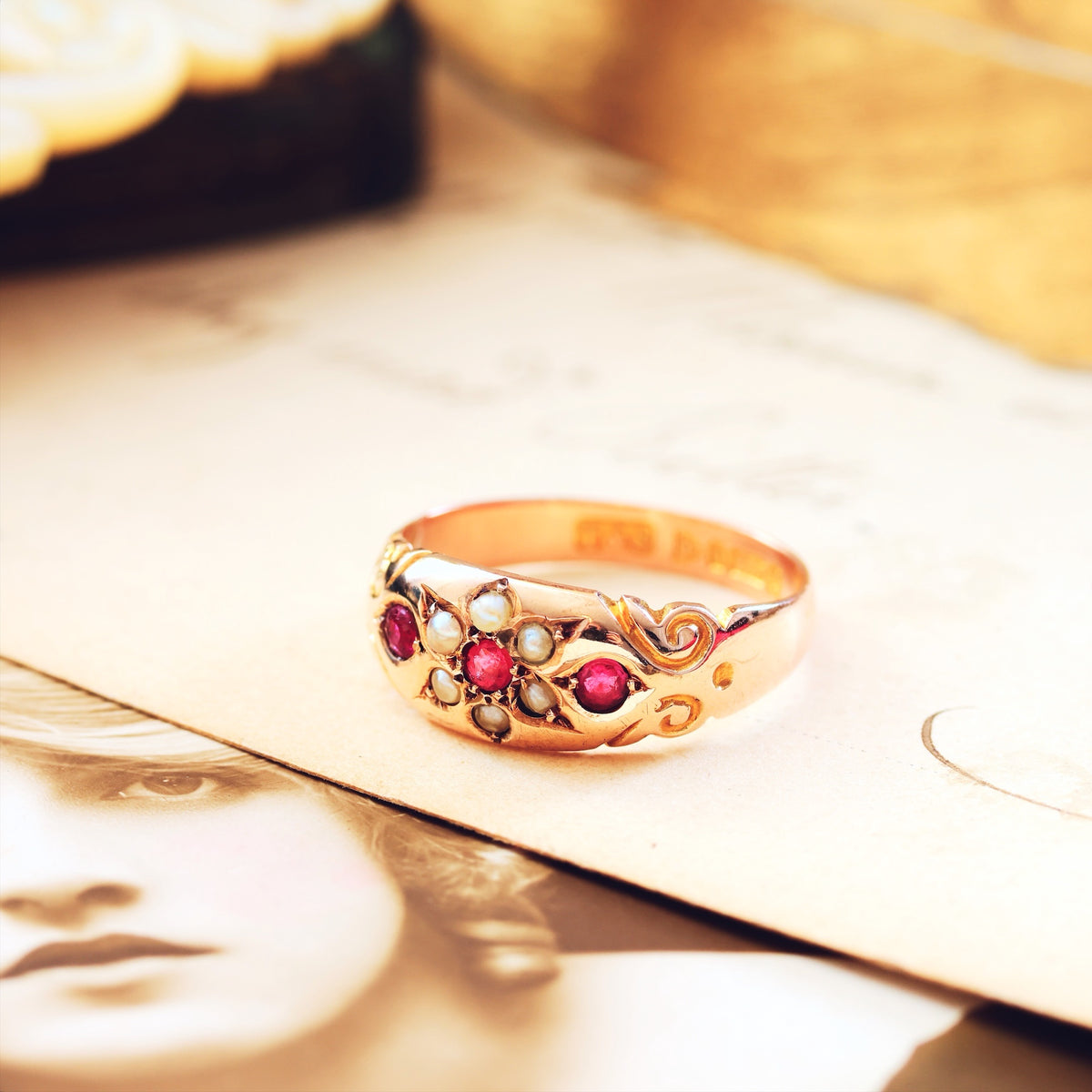 Date 1911 9ct Gold Pink Tourmaline & Pearl Gypsy Ring