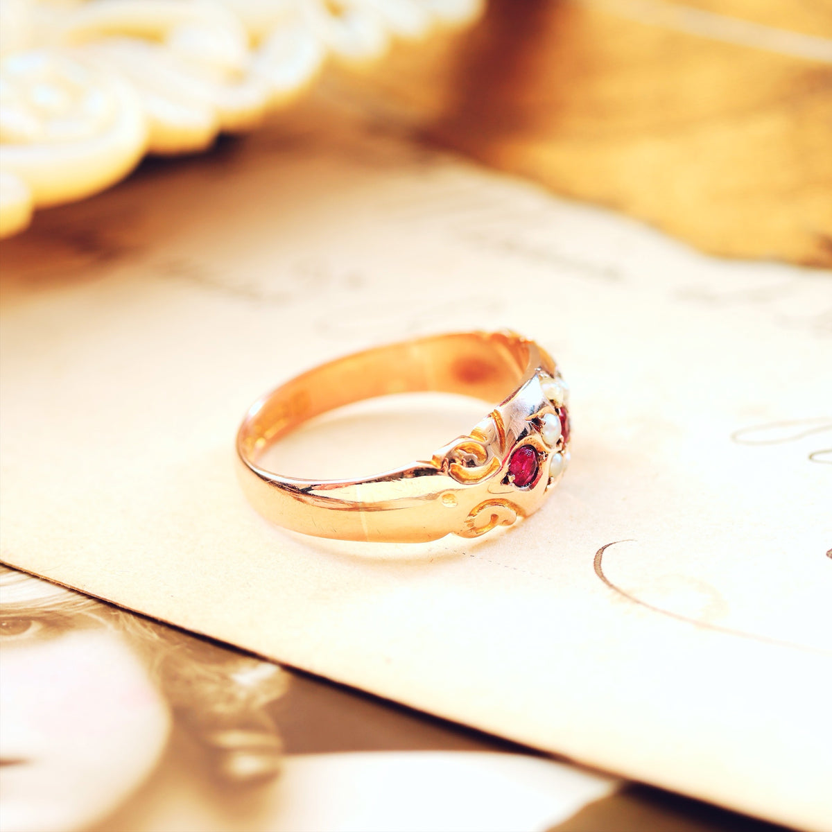 Date 1911 9ct Gold Pink Tourmaline & Pearl Gypsy Ring
