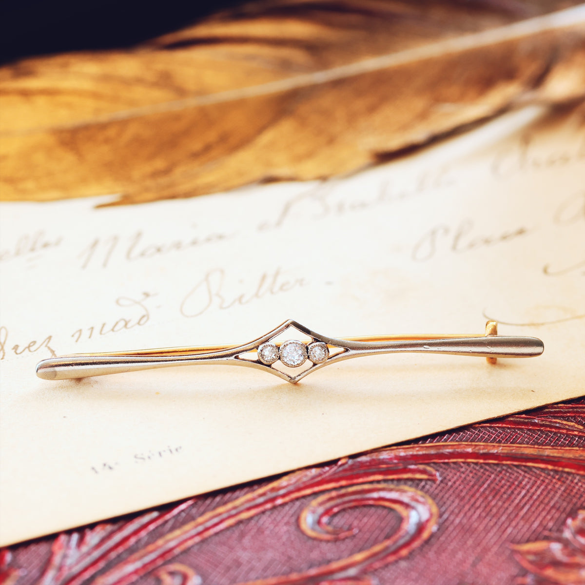 Antique Edwardian Elegance Diamond Bar Brooch in Original Box