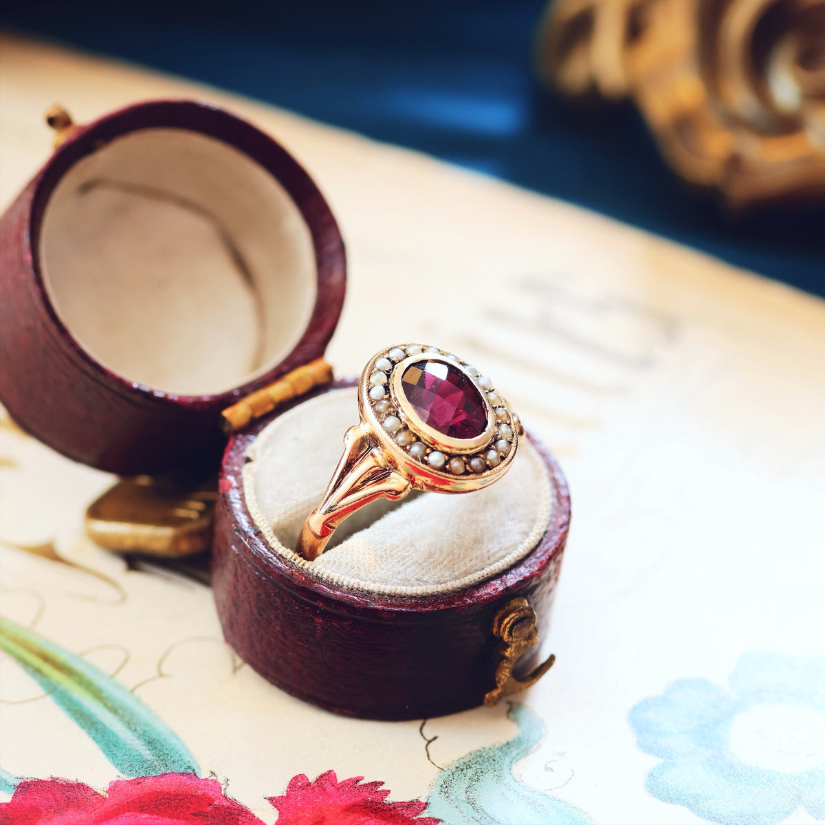 Antique Edwardian Garnet & Pearl Cluster Ring