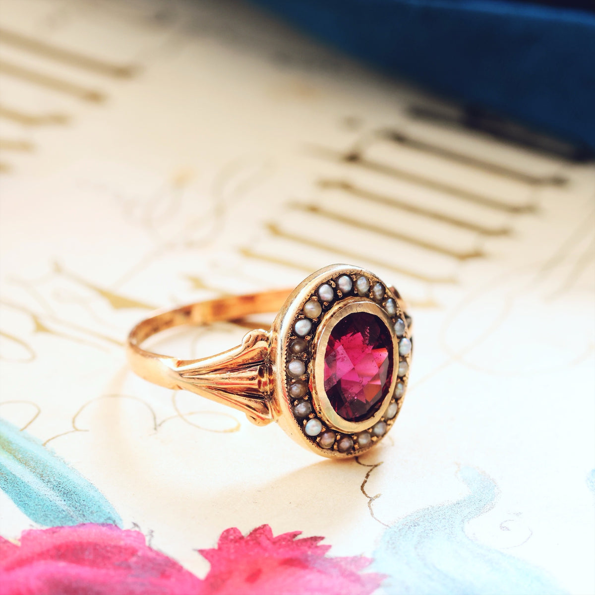 Antique Edwardian Garnet & Pearl Cluster Ring