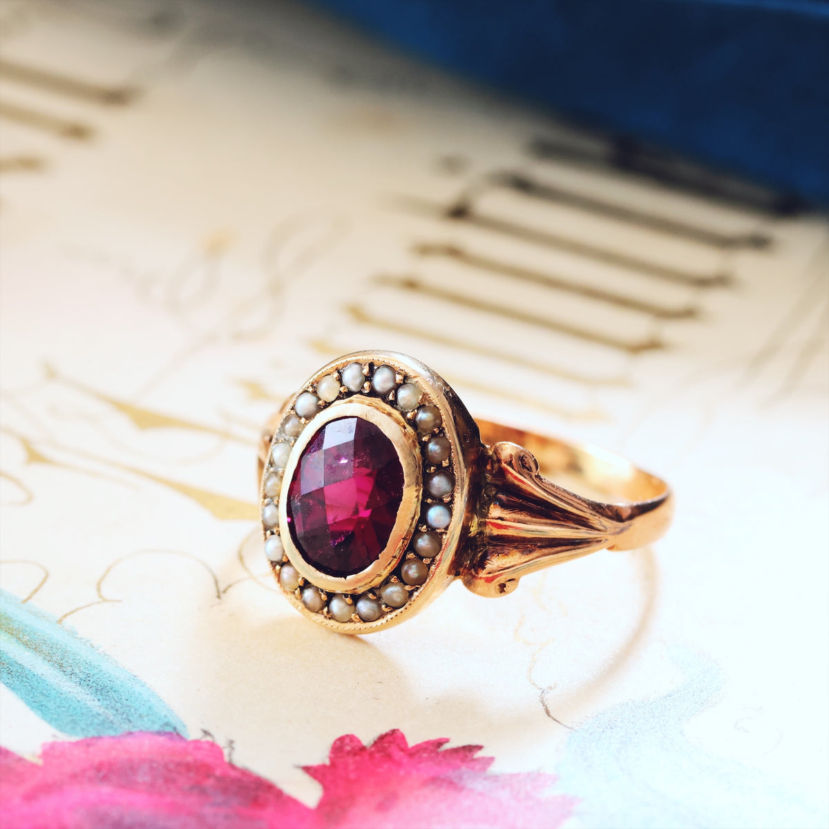 Antique Edwardian Garnet & Pearl Cluster Ring