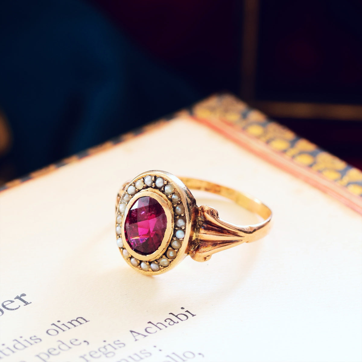 Antique Edwardian Garnet & Pearl Cluster Ring