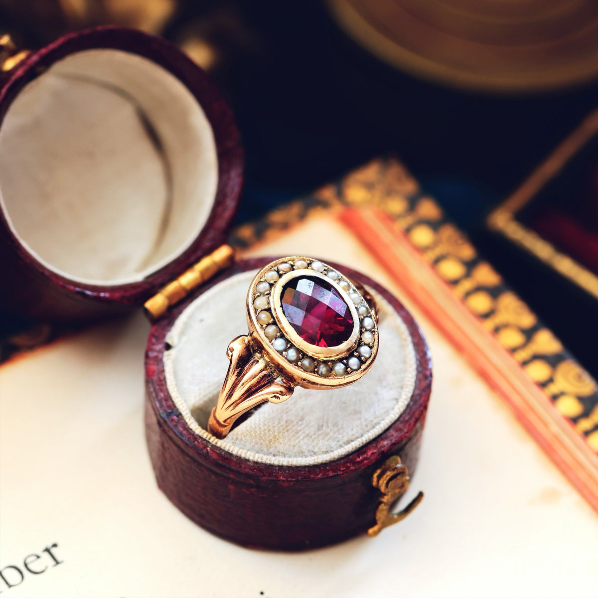 Antique Edwardian Garnet & Pearl Cluster Ring