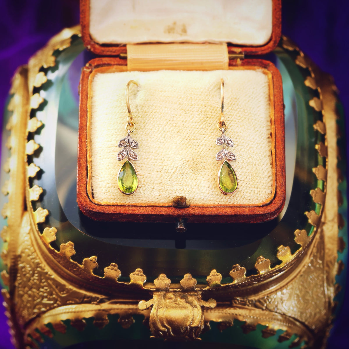 Antique Edwardian Peridot & Diamond Drop Earrings