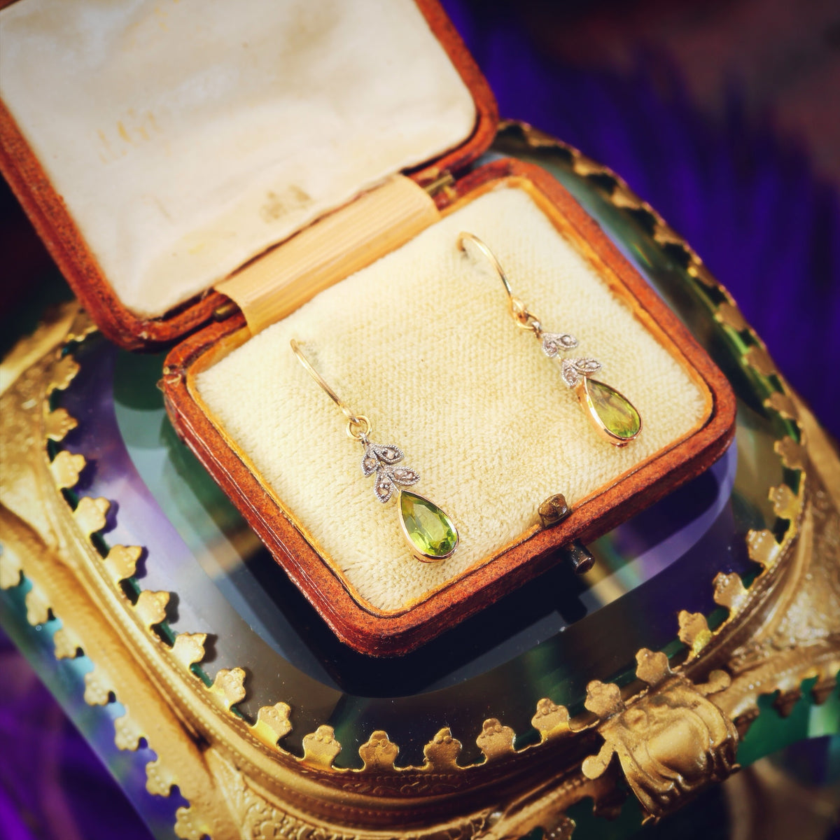 Antique Edwardian Peridot & Diamond Drop Earrings