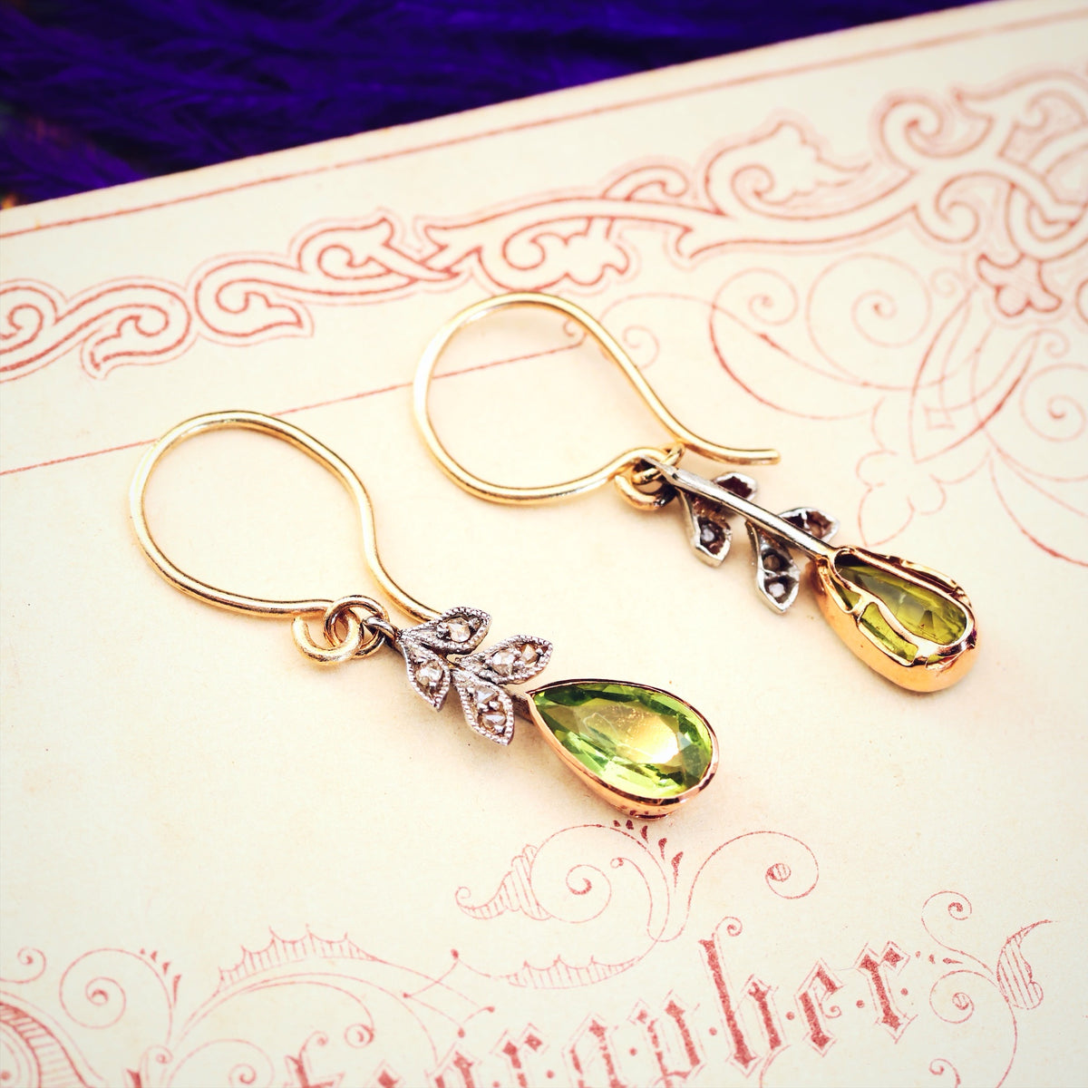 Antique Edwardian Peridot & Diamond Drop Earrings