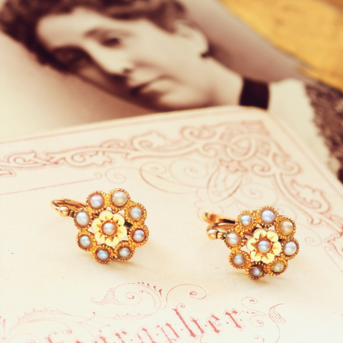 Antique French 18ct Gold Seed Pearl Earrings