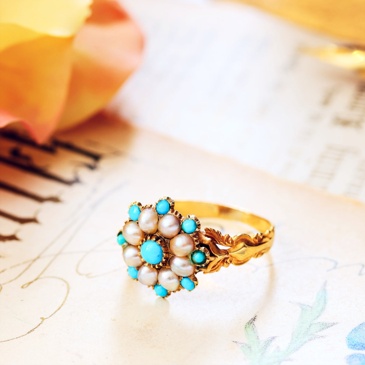 Exquisite Antique Georgian Turquoise & Pearl Ring