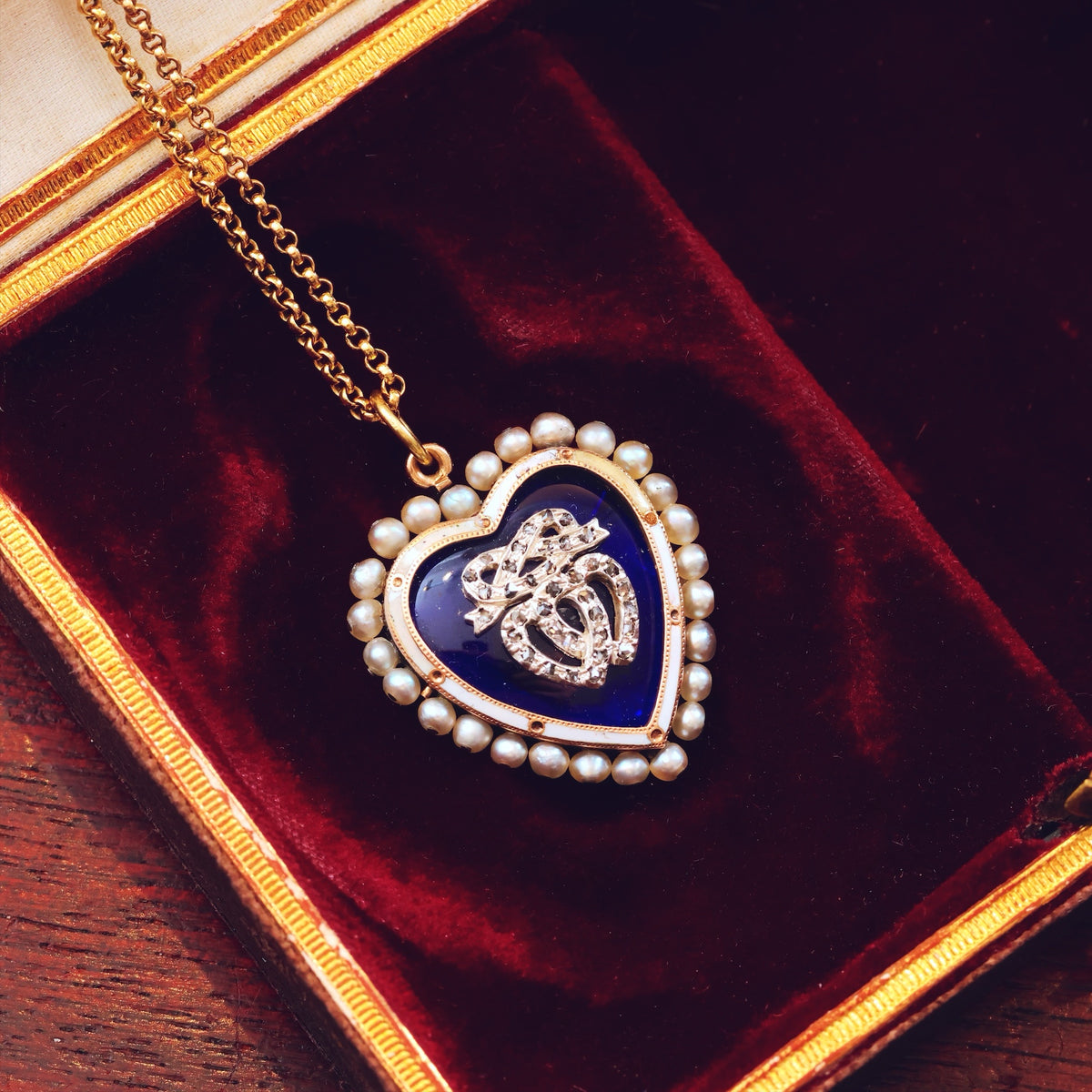Antique Twin Hearts Natural Pearl Enamelled Heart Pendant