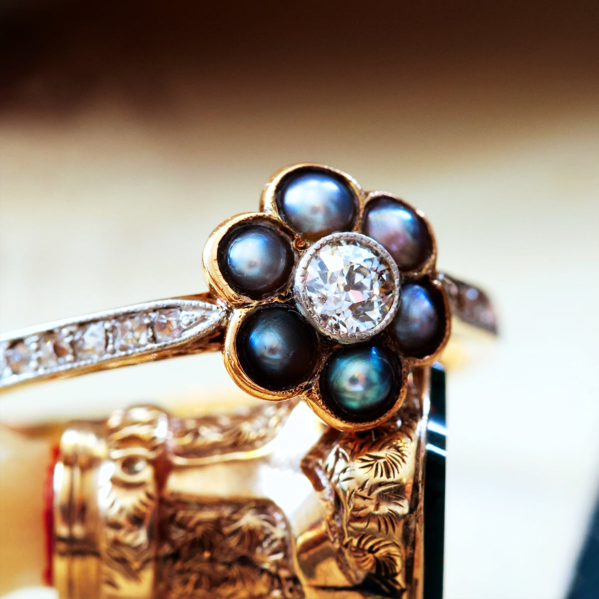 Antique Romance Diamond & Wild Pearl Ring