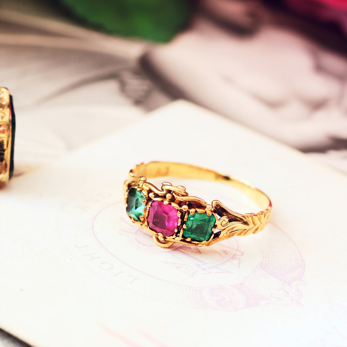 Antique Mid Victorian Ruby & Emerald Floral Ring