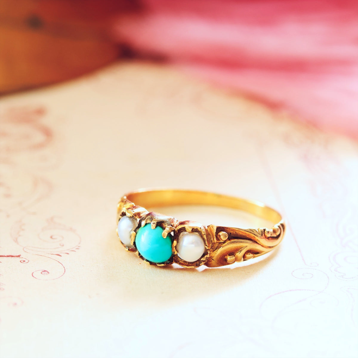 Fondest Victorian Turquoise & Wild Pearl Sweetheart Ring