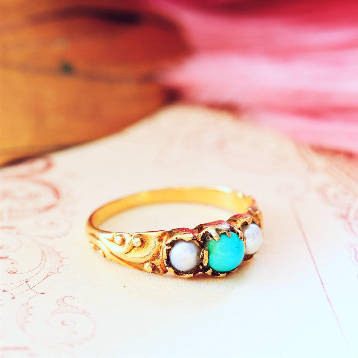 Fondest Victorian Turquoise & Wild Pearl Sweetheart Ring