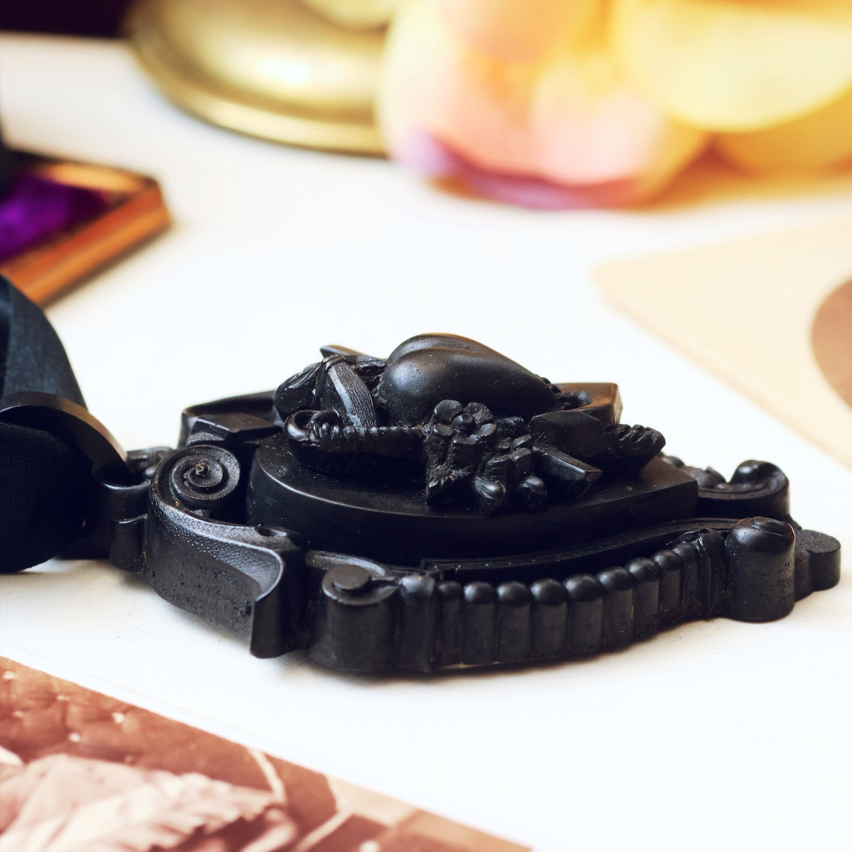 Victorian Gothic Vulcanite Faith, Hope & Charity Locket