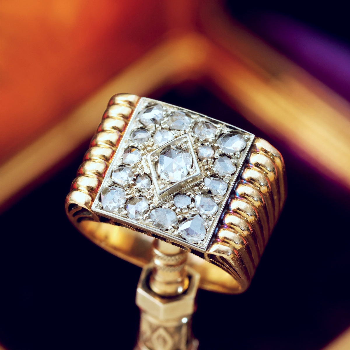 Dramatic! Unisex Art Deco Rose Cut Diamond ‘Tank’ Ring