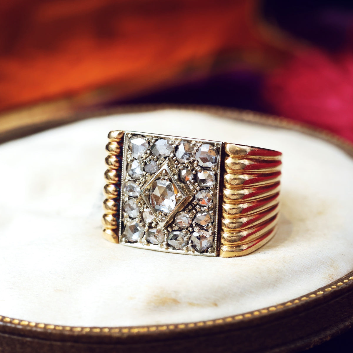 Dramatic! Unisex Art Deco Rose Cut Diamond ‘Tank’ Ring