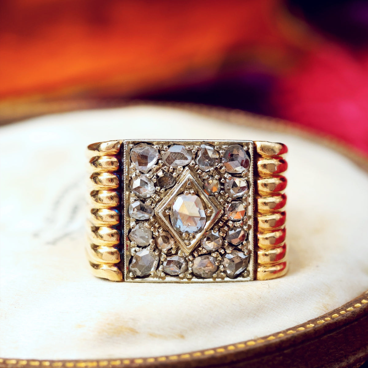 Dramatic! Unisex Art Deco Rose Cut Diamond ‘Tank’ Ring