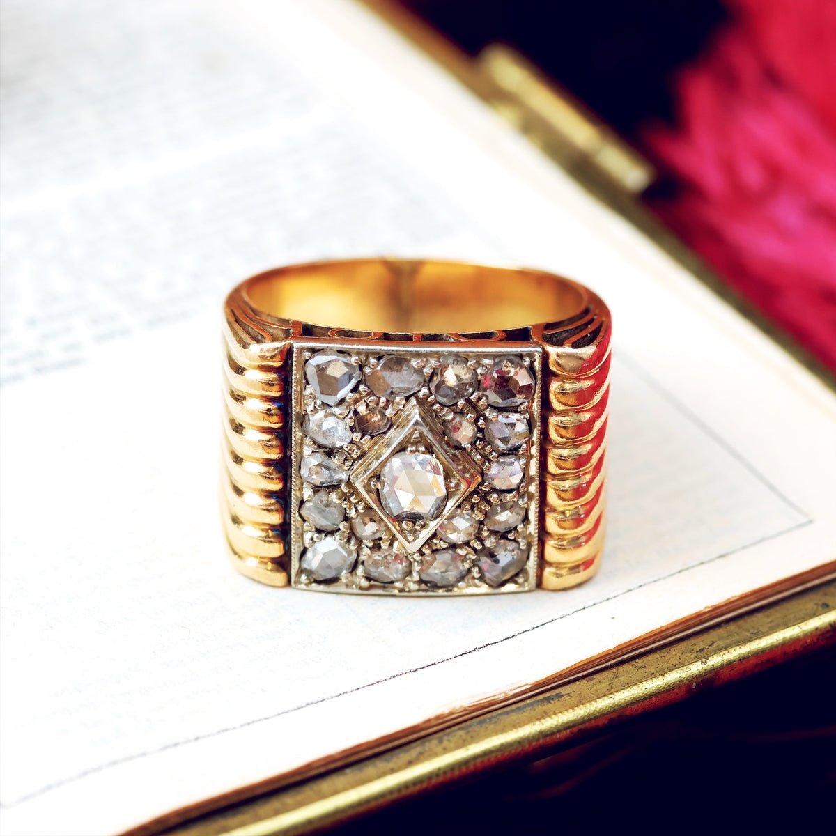 Dramatic! Unisex Art Deco Rose Cut Diamond ‘Tank’ Ring