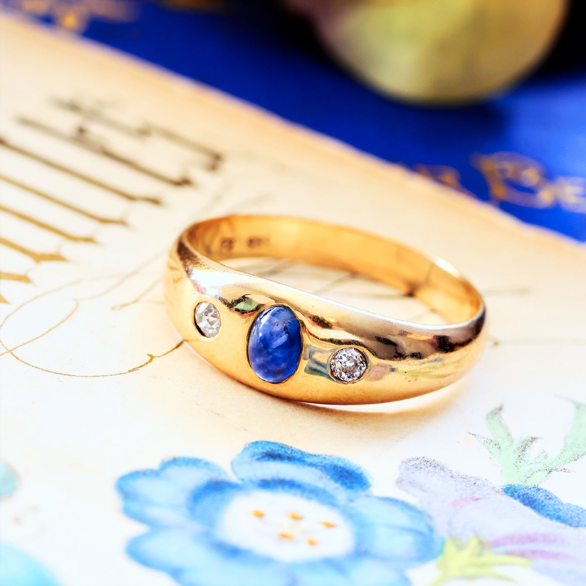 Vintage Gypsy Set Unisex Cabochon Sapphire & Diamond Band