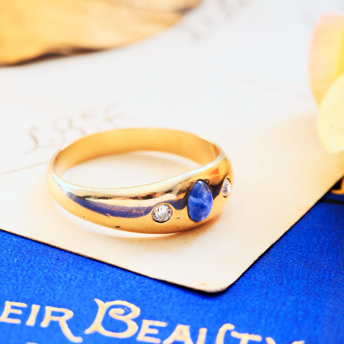 Vintage Gypsy Set Unisex Cabochon Sapphire & Diamond Band
