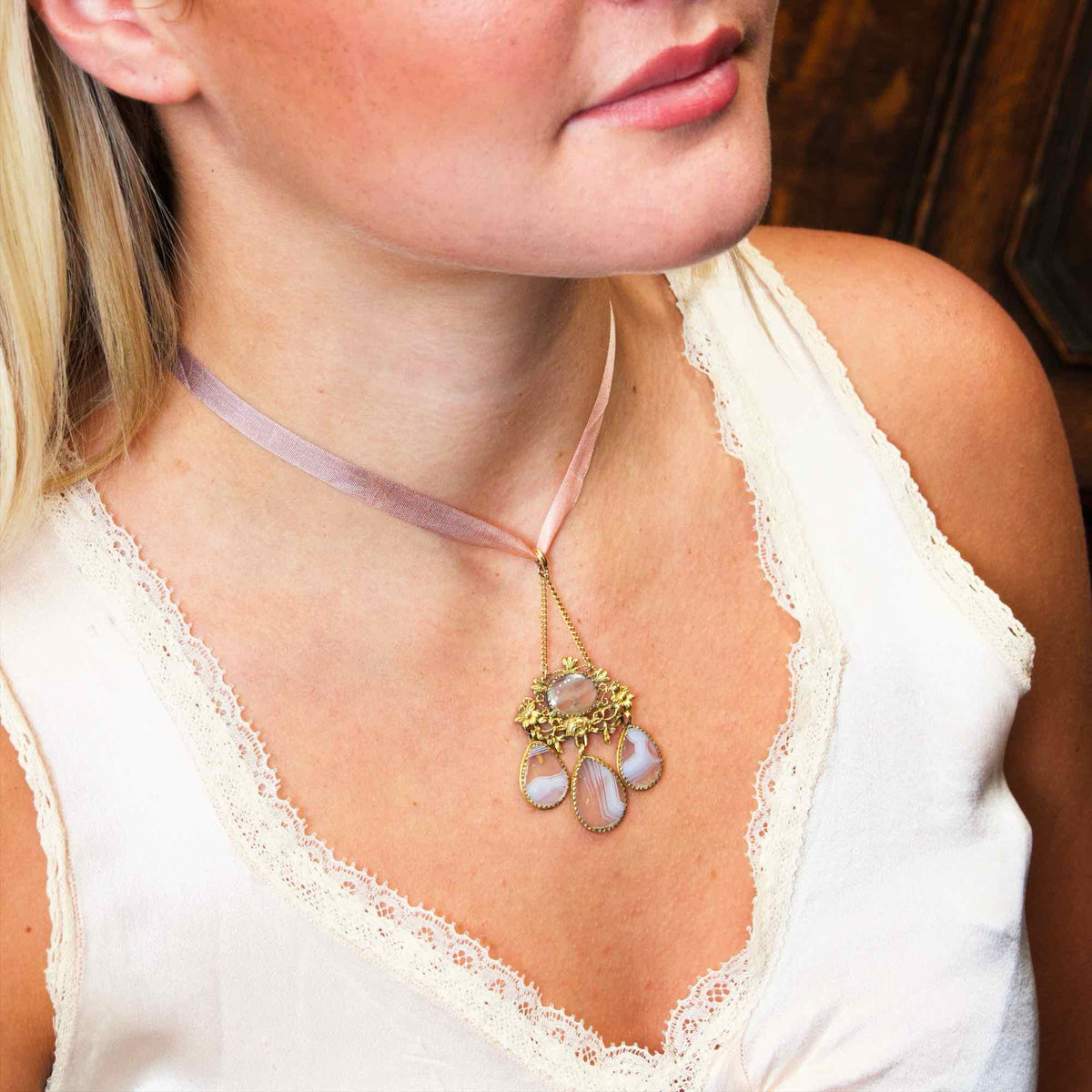 Rare Georgian Blue Lace Agate Girandole Necklet