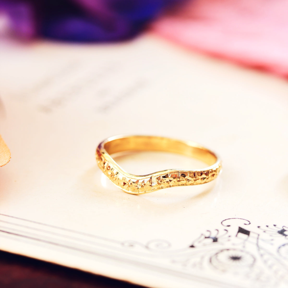 Hand Engraved Blossom Wave Shaped Wedding Band