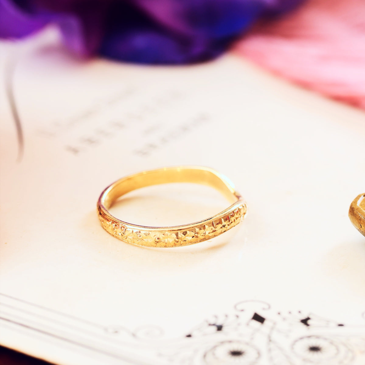Hand Engraved Blossom Wave Shaped Wedding Band