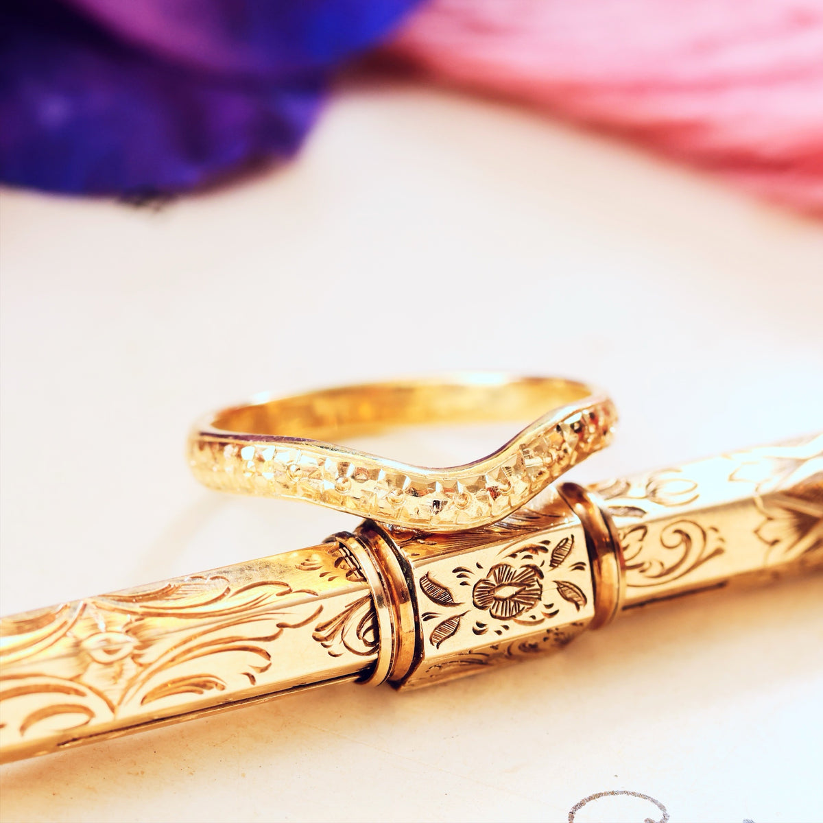 Hand Engraved Blossom Wave Shaped Wedding Band