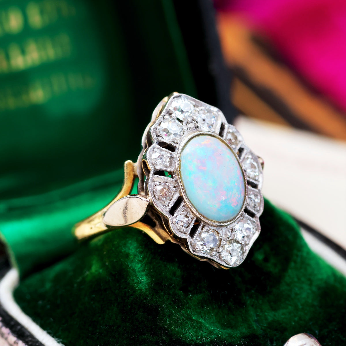 Rainbow Opal & Diamond Cluster Ring