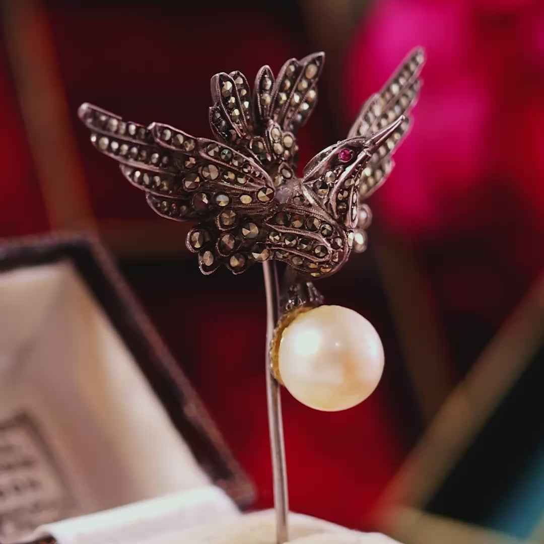 Ornate Antique Edwardian Silver, Marcasite & Pearl Stick Pin