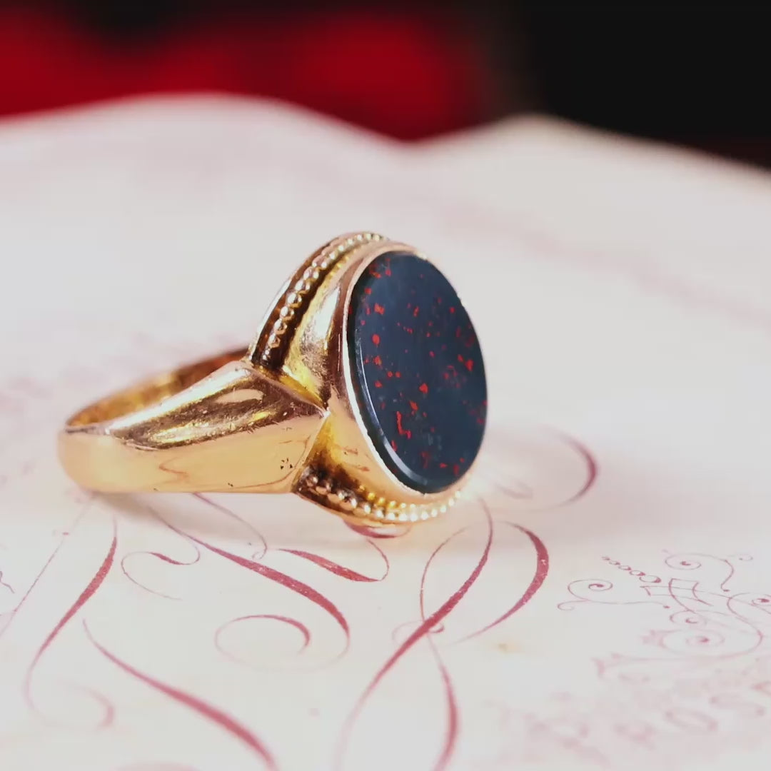 Date 1876 15ct Gold Bloodstone Signet Ring in Antique Box