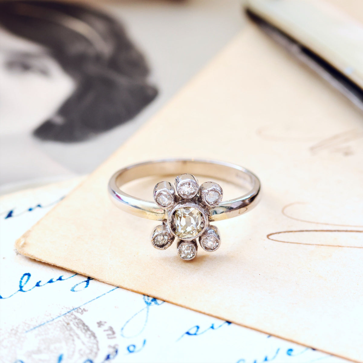 Unique Recycled Peruzzi Cut Diamond Cluster Ring